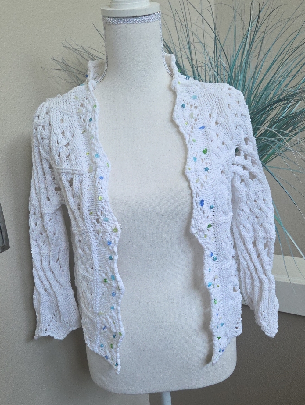 Vintage Norm Thompson White Open Knit Cardigan Gemstone Beaded Trim Cottagecore